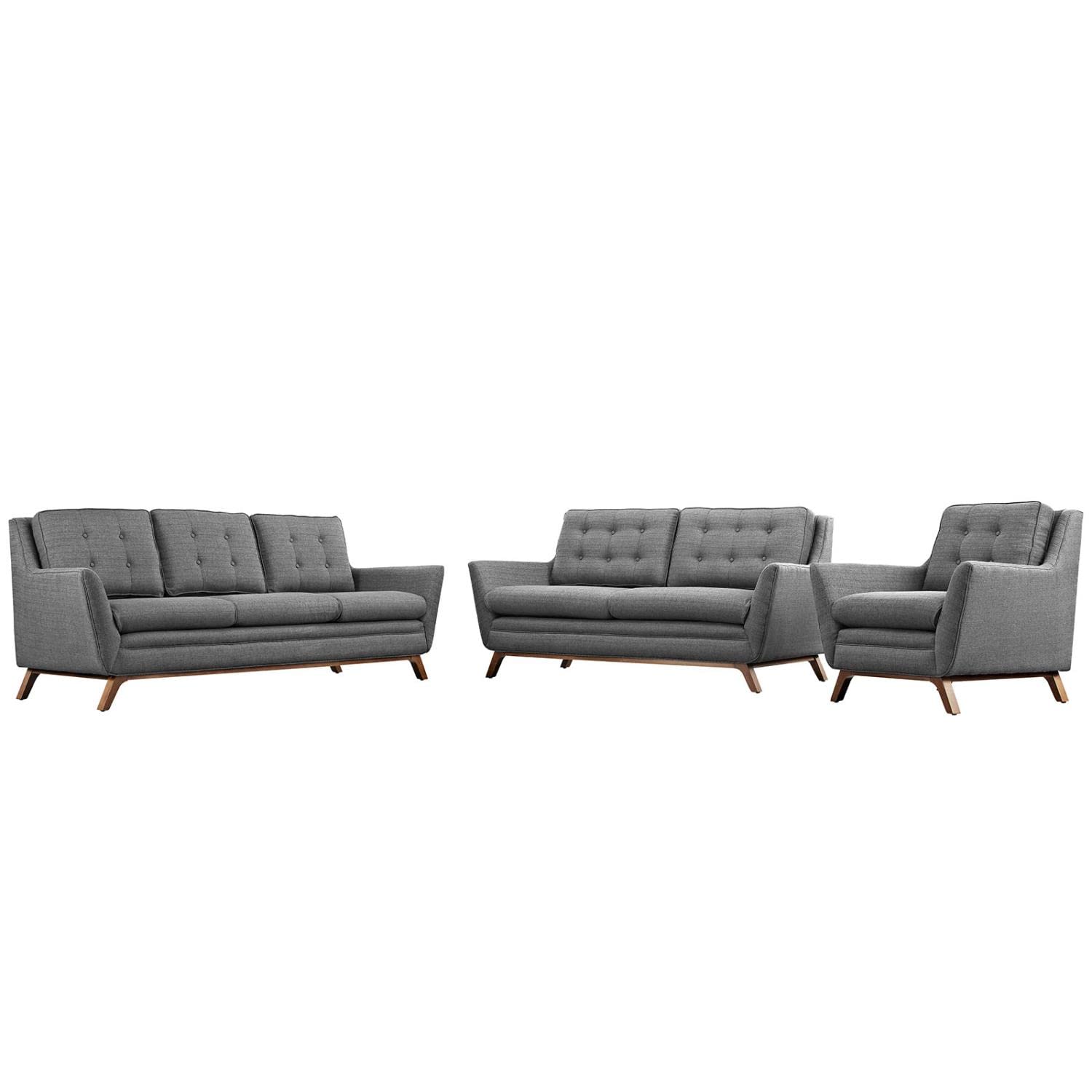 Modway Beguile Mid-Century Modern Sofa Upholstered Fabric With Sofa, Loveseat And Armchair In Gray